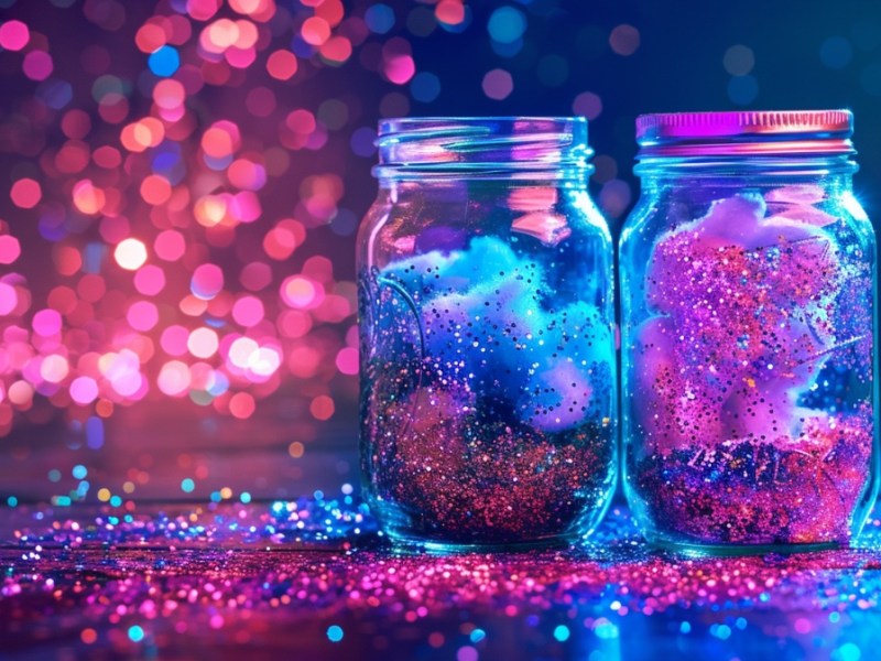 Bunte, glitzernde Wolle in zwei Gläsern vor buntem Hintergrund.