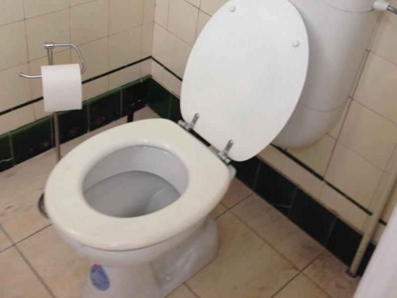 Eine Toilettenschüssel in einer kleinen Klokabine.