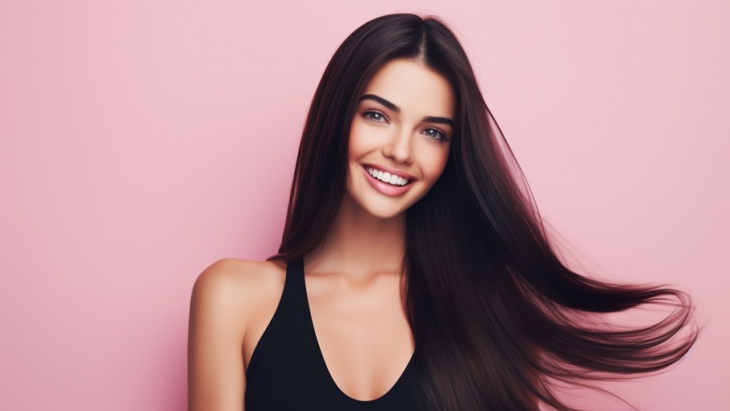 Ein Model mit schwarzen Haaren vor einem pinken Hintergrund lächelt in die Kamera.