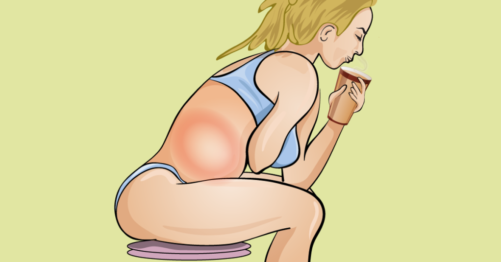 Die Illustration einer blonden Frau, die auf einem Sitzkissen sitzt und Kaffee trinkt.
