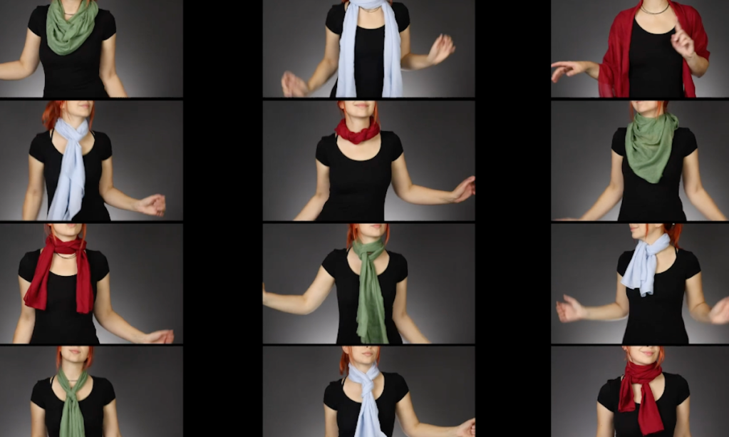 12 Bilder, auf dem eine Frau zu sehen ist, die ihren Schal immer anders gebunden hat