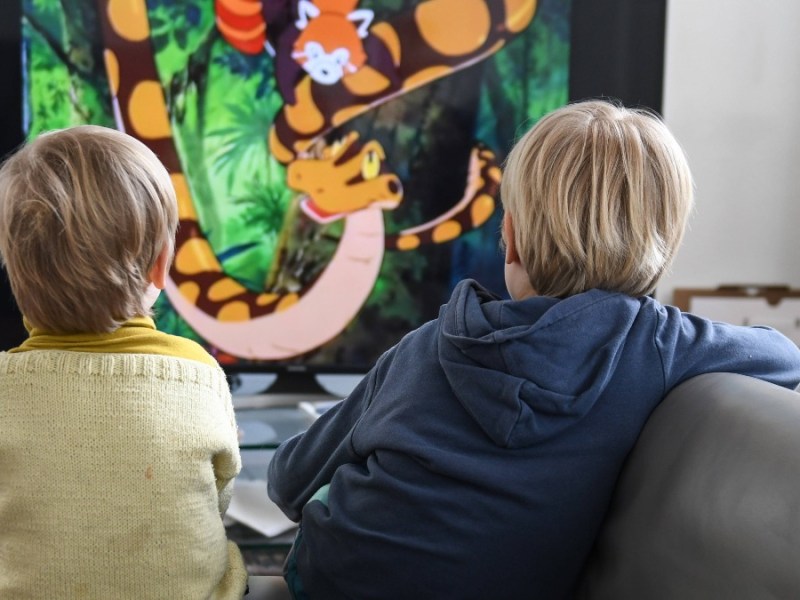 Zwei Kinder sehen sich einen Zeichentrickfilm im Fernseher an