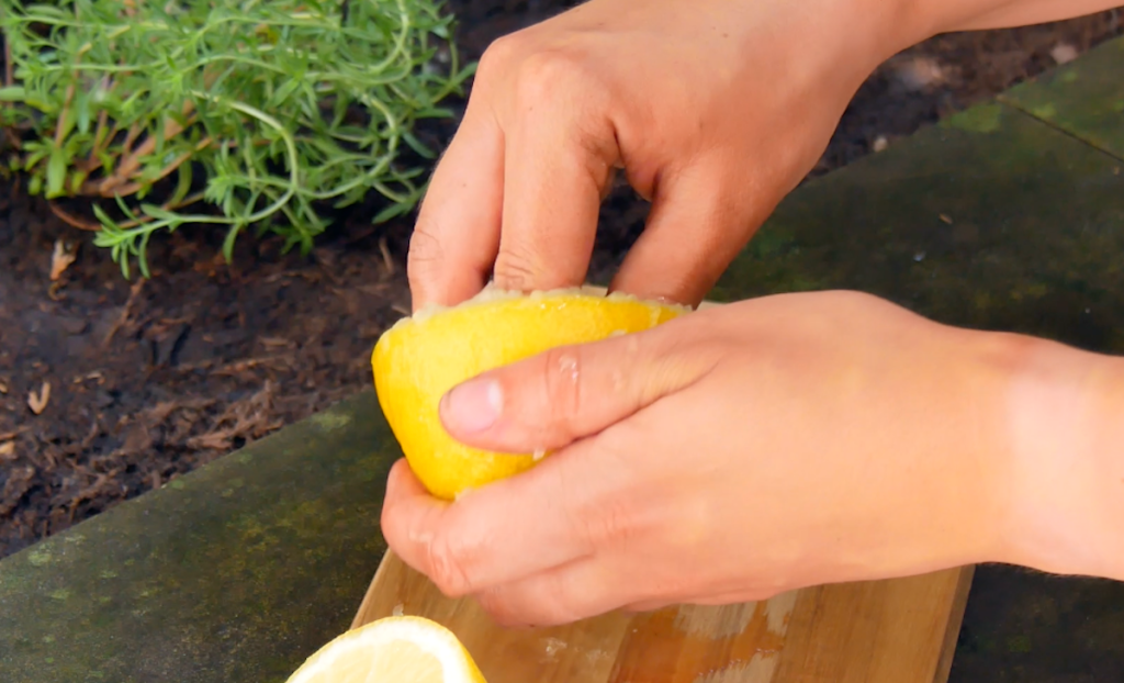 Jemand reibt seine Finger in einer aufgeschnittenen, ausgepressten Zitrone.