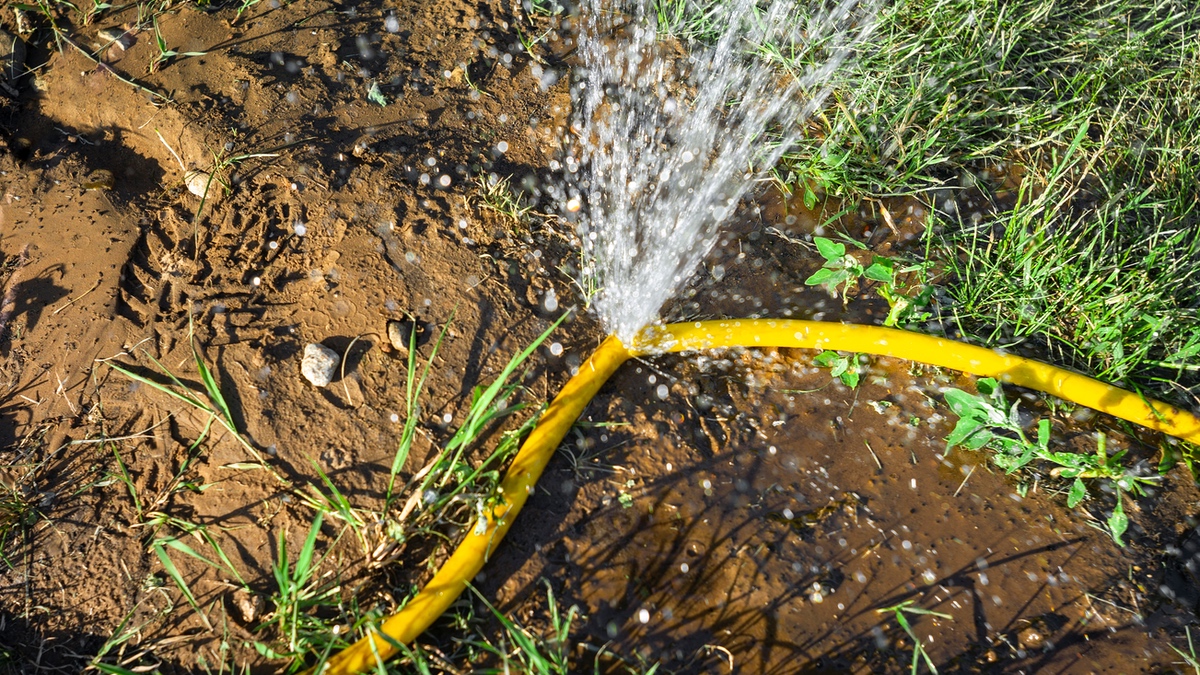 Ein kaputter, gelber Gartenschlauch, aus dem das Wasser entweicht.