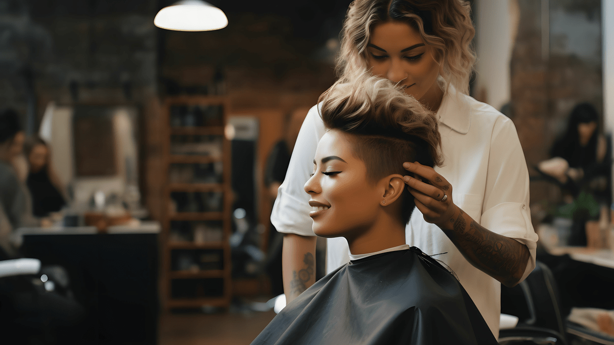 Eine Friseuse schneidet einer Frau ihre kurzen Haare.