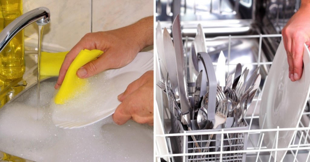 links: Handspülen, rechts: das Beladen einer Spülmaschine