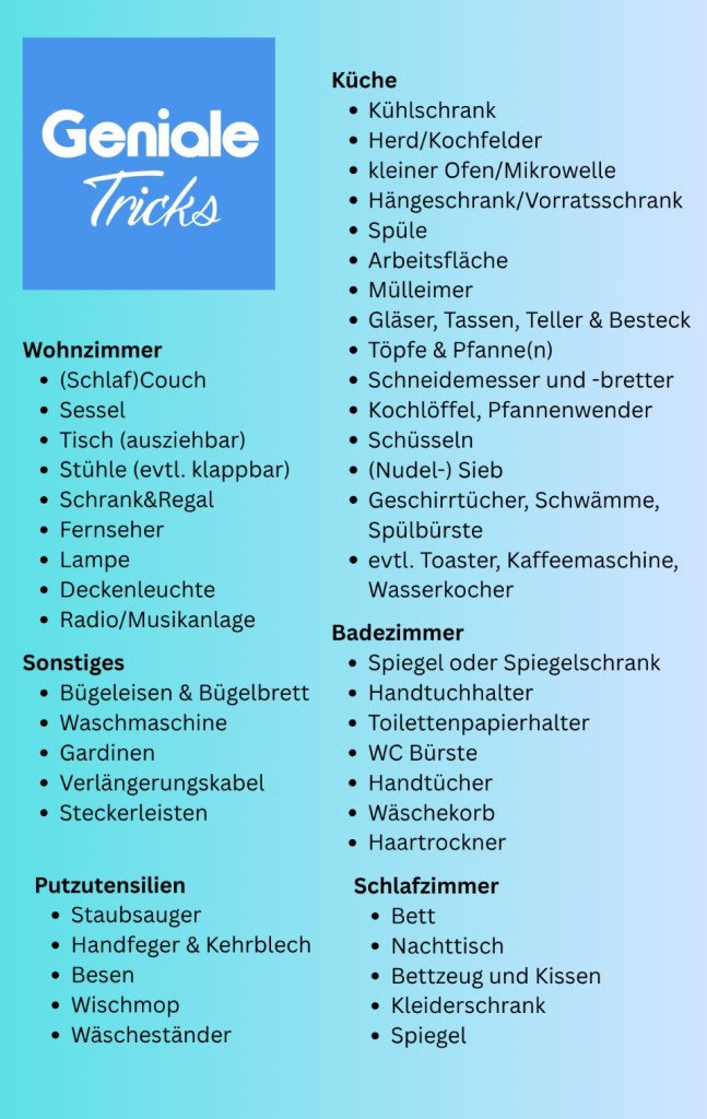 eine Liste über Dinge, die man in der ersten eigenen Wohnung benötigt