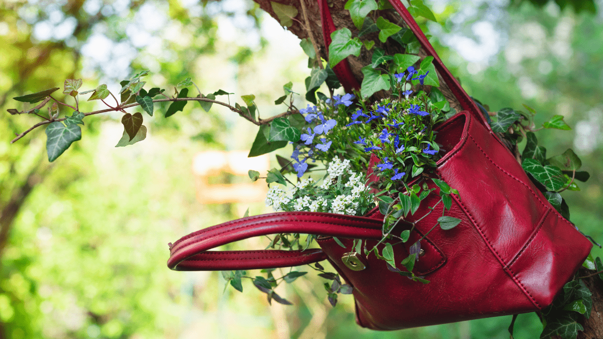Eine rote Handtasche hängt an einem Baum und ist mit Blumen bepflanzt.
