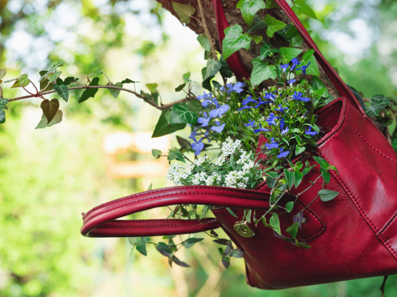 Eine rote Handtasche hängt an einem Baum und ist mit Blumen bepflanzt.