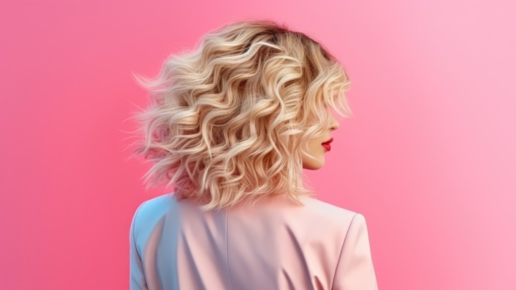Eine blonde Frau mit schulterlangen Locken vor einem pinken Hintergrund.
