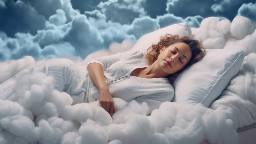 Eine Frau, die in Wolken gebettet schläft.