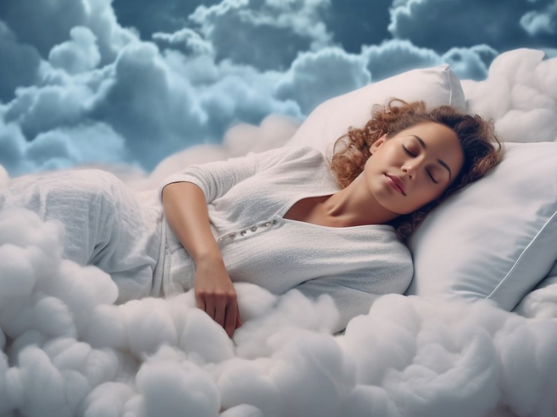 Eine Frau, die in Wolken gebettet schläft.