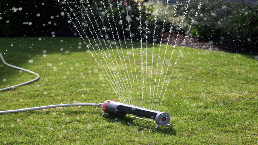 Garten wird bewässert von Rasensprenger