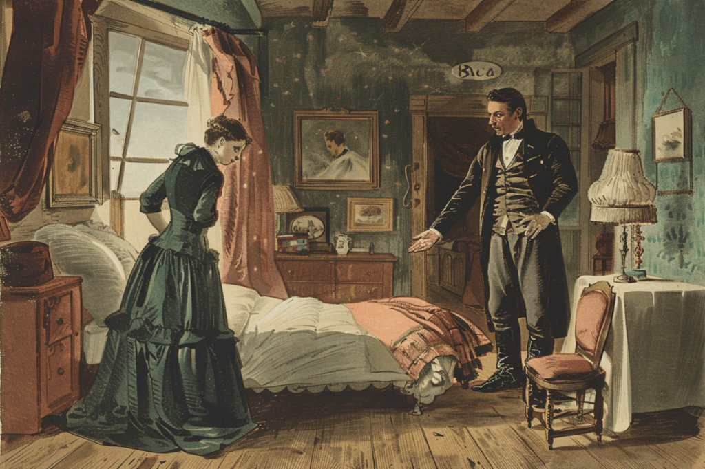 Altmodische Illustration eines Paares vor dem Bett.