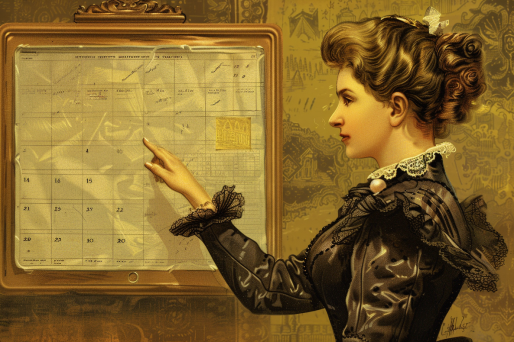 Altmodische Illustration einer Frau, die auf einen Kalender zeigt.