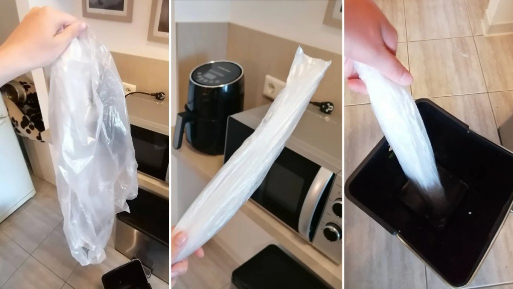 ein Müllbeutel wird mit einem besonderen Trick in den Mülleimer gepackt