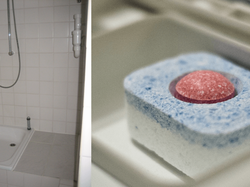 Spülmaschinen-Tab in der Dusche