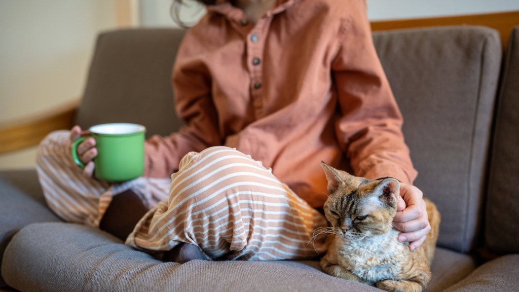 Eine Frau sitzt im Schlafanzug mit ihrer Katze auf der Couch.
