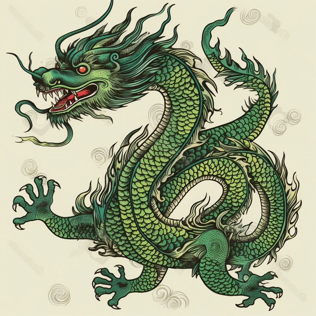 Eine Illustration eines grünen Drachen.