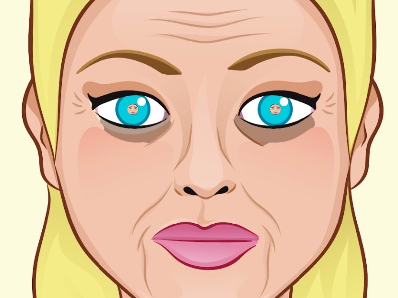 Comic von blonder Frau mit tiefen Augenringen und Falten