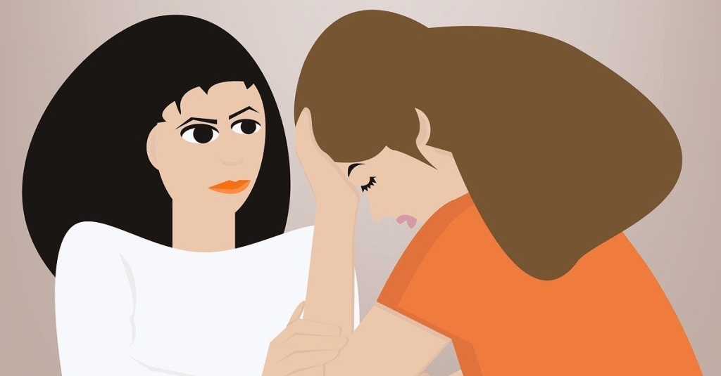 Eine Illustration zweier Frauen. Die eine hält sich besorgt eine Hand an die Stirn. Die andere legt ihre Hand tröstend an den Arm ihres Gegenübers