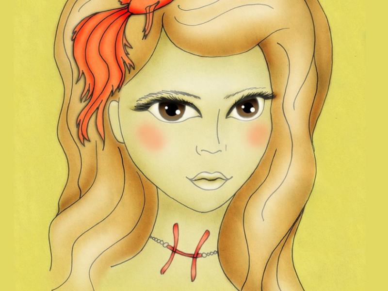 Illustration einer blonden Frau mit einer Kette des Tierkreiszeichens Fische