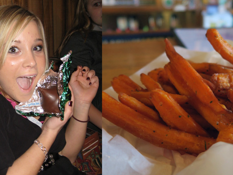 Links: Frau freut sich sehr über die Schokolade in der Hand, Rechts: Süßkartoffelpommes