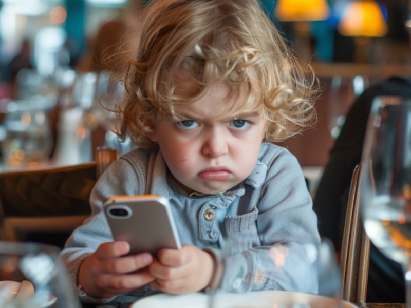 Ein bockiges Kleinkind mit Handy im Restaurant.
