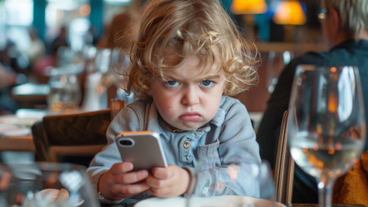 Ein bockiges Kleinkind mit Handy im Restaurant.