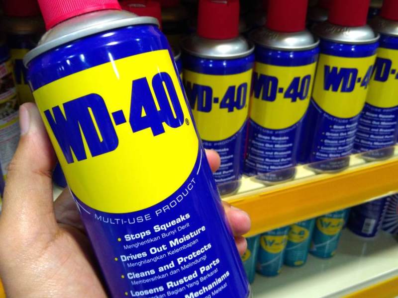 Eine Person hält eine Dose mit WD-40.