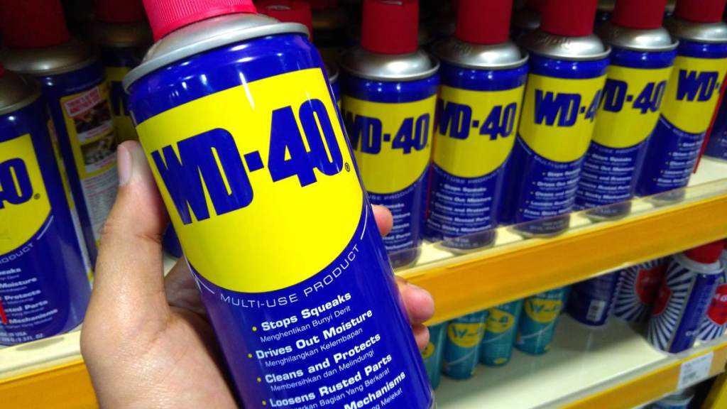 Eine Person hält eine Dose mit WD-40.