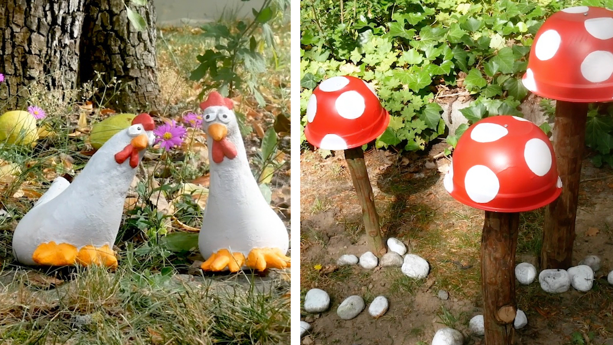 Hühner und Fliegenpilze – zwei Garten-Deko-Ideen.
