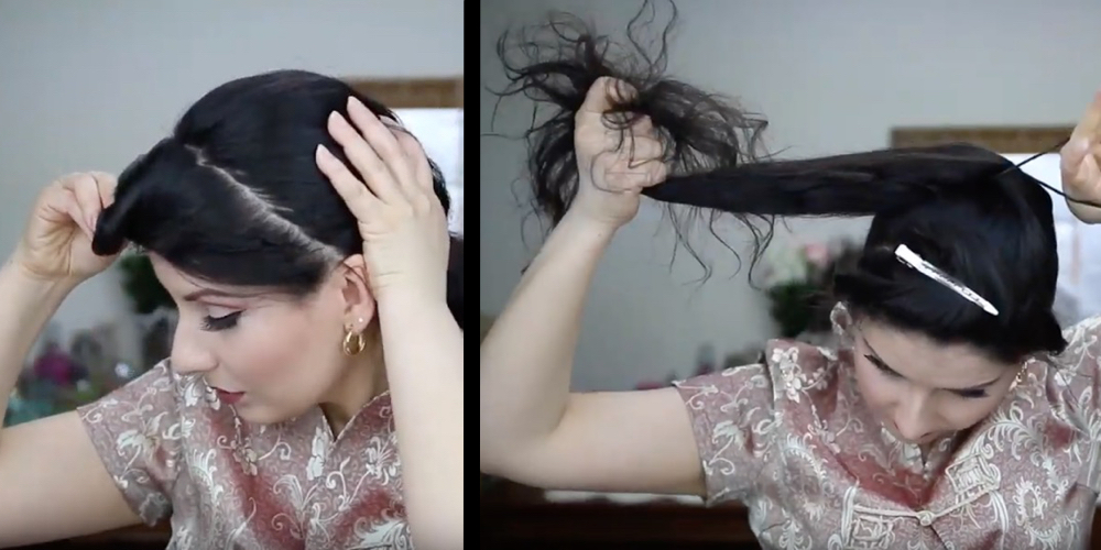 links: Eine schwarzhaarige Frau legt ihre vorderen Haare von rechts nach links, rechts: Dieselbe Frau macht mit dem Rest ihrer Haare einen Zopf.
