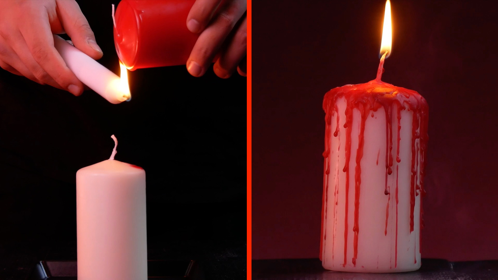 Weiße Kerzen werden mit rotem Wachs beträufelt.