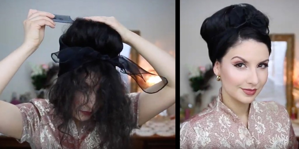 links: Eine schwarzhaarige Frau legt ein Haarband an, rechts: Die fertige Beehive-Frisur.