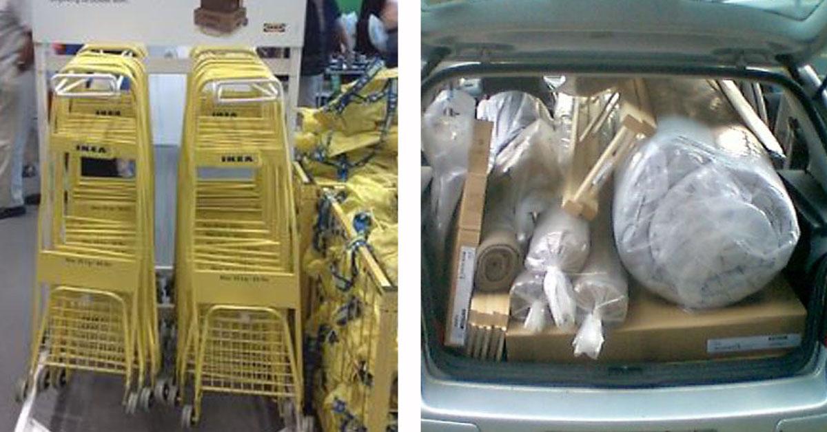 links: Gelbe Wagen von IKEA, rechts: ein vollgepacktes Auto.