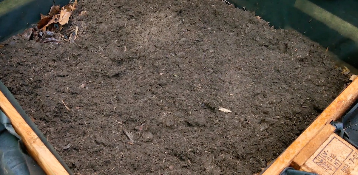 Erde und Laub im Inneren des Hochbeets aus Paletten