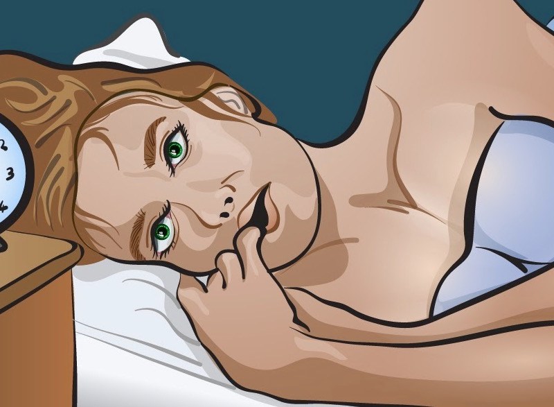 Eine Illustration von einer Frau, die schlaflos im Bett liegt.
