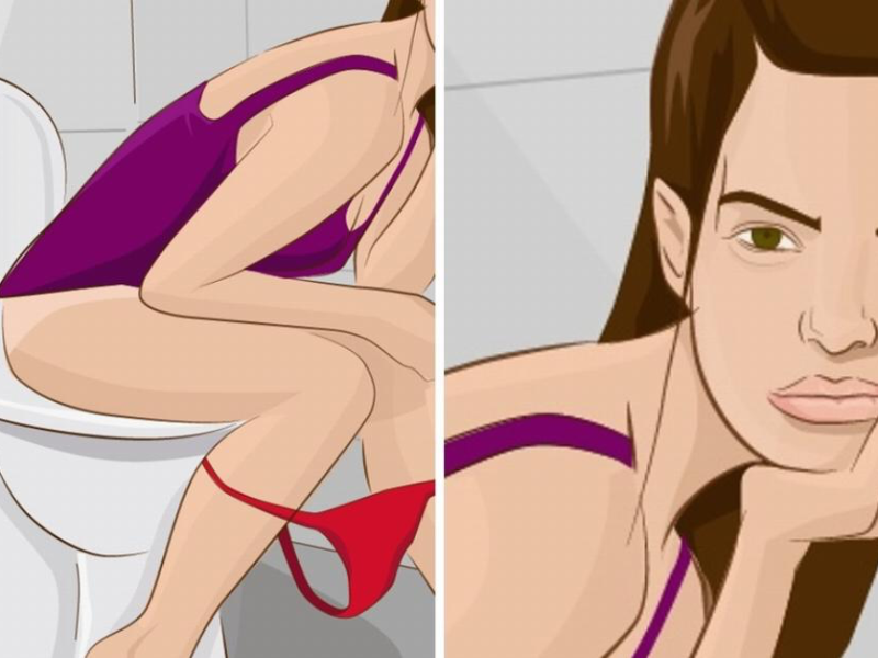 Eine Grafik zeigt eine Frau, die auf der Toilette sitzt und dabei ein Auge geschlossen hält. So kannst du deinen Körper überlisten, nach einem nächtlichen Toilettengang schnell wieder einzuschlafen.