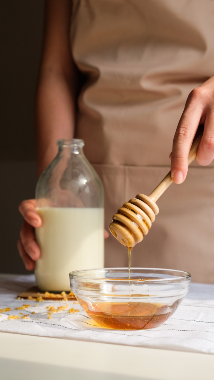 Honig in einem SchÃ¤lchen mit einer Milchflasche im Hintergrund
