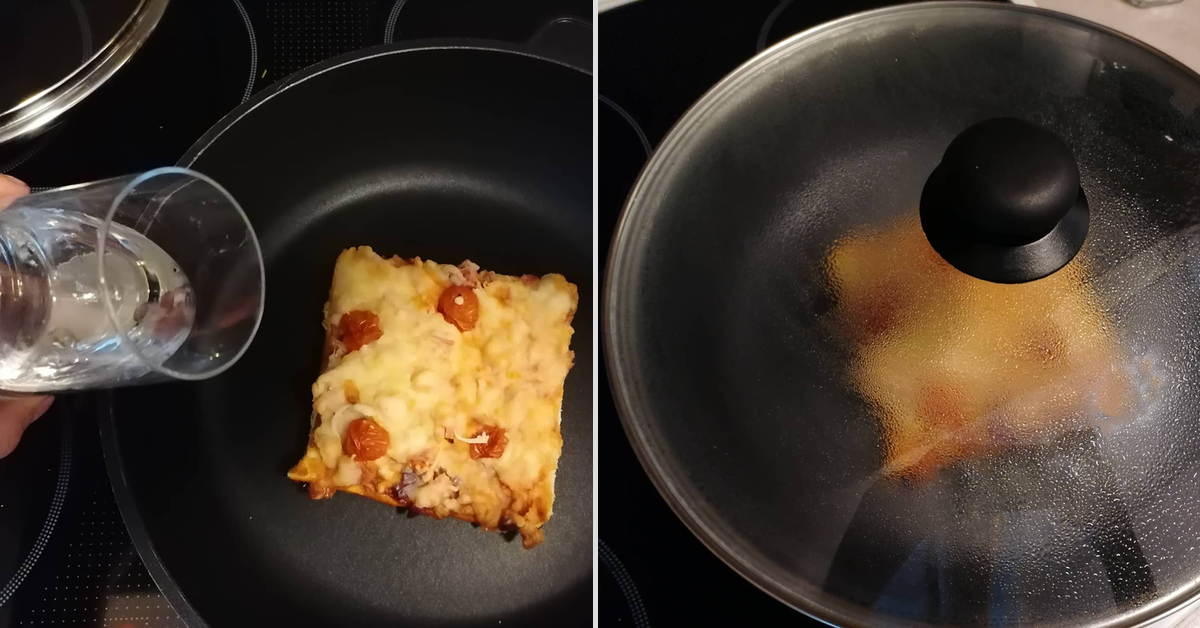 Auf dem linken Bild liegt ein StÃ¼ck Pizza in einer Pfanne und es wird etwas Wasser hinzugegeben. Auf dem rechten Bild liegt ein Deckel auf der Pfanne. Mit diesem Trick kann man Pizza ganz leicht aufwÃ¤rmen.