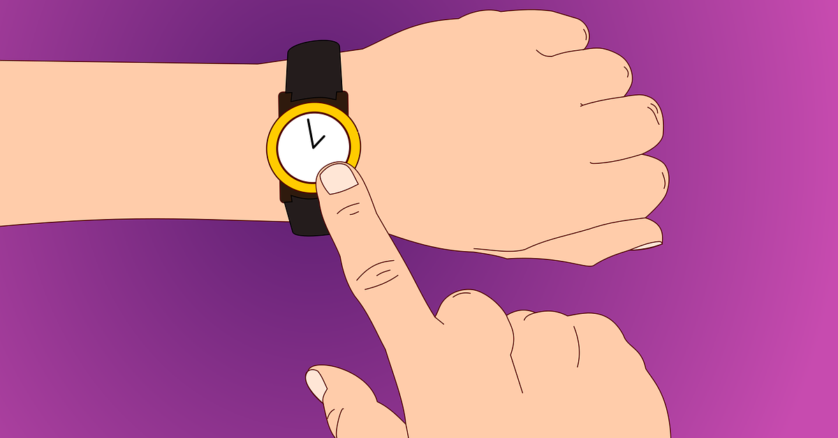 Illustration: Eine Person zeigt mit ihrem Zeigefinger der rechten Hand auf die Armbanduhr an ihrem anderen Arm.
