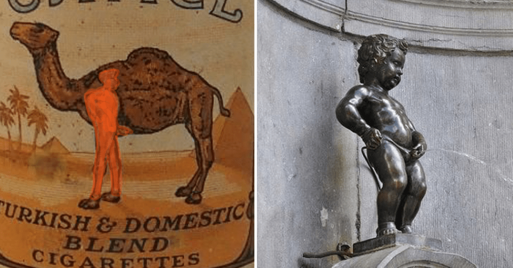 links: Das Kamel auf der Packung von Camel-Zigaretten, rechts: Die bekannte Manneken Pis-Figur.