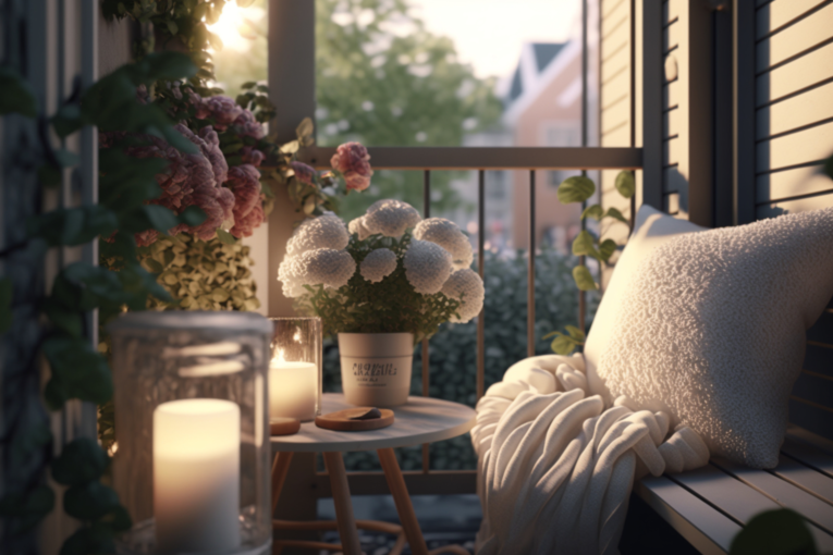 balkon gestalten gemütlich Ein gemütlicher Balkon mit Sitzgelegenheit, verschiedenen Blumen und Kerzen.