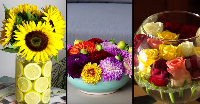 Drei verschiedene Vasen, in denen Blumen arrangiert sind