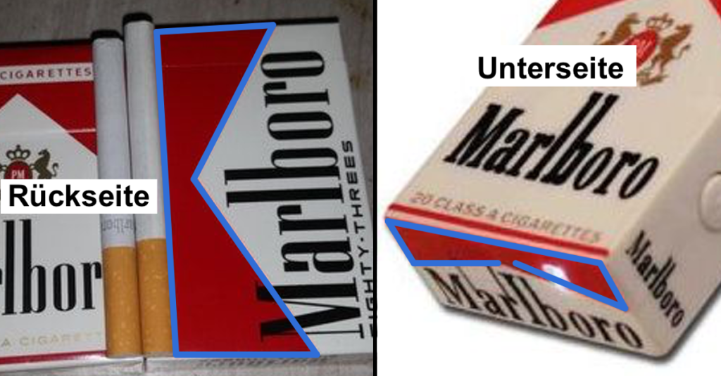 links: Eine Malboro-Zigaretten-Packung mit blauen Markierungen und dem Schriftzug „Rückseite“, rechts: Eine Malboro-Packung mit blauer Markierung und dem Schriftzug „Unterseite“