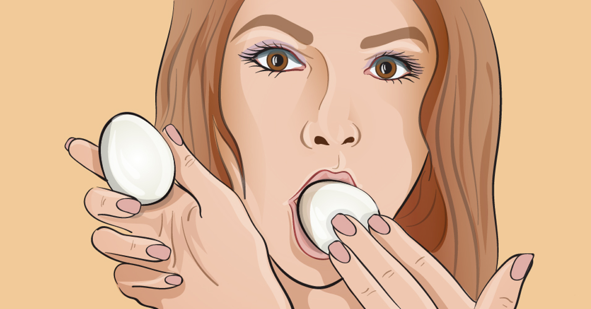 Eine Illustration von einer jungen Frau, die ein ganzes Ei isst.