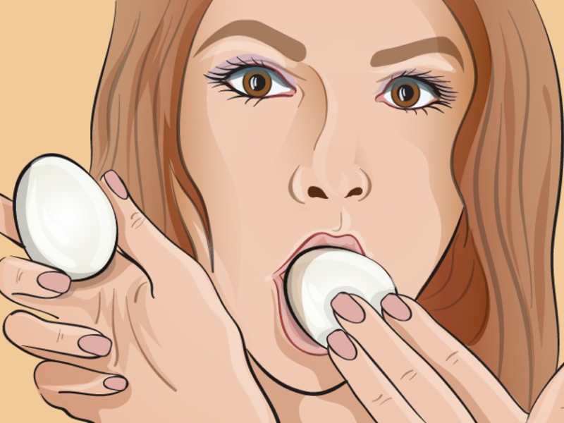 Eine Illustration von einer jungen Frau, die ein ganzes Ei isst.
