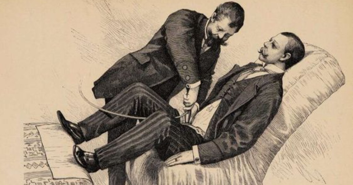 Bild aus dem 19. Jahrhundert zeigt, wie ein Arzt den Intimbereich eines Mannes mit einem Vibrator massiert.