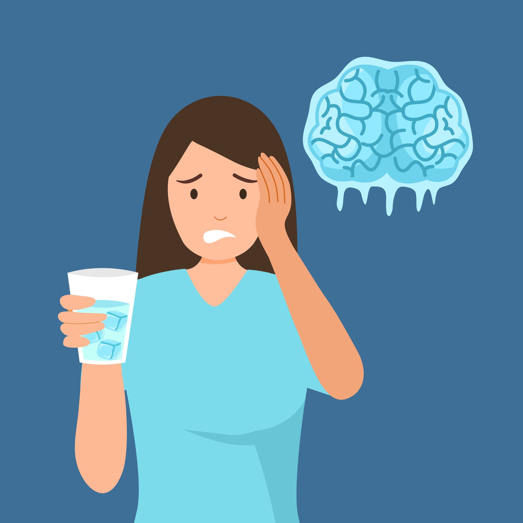 Eine Grafik zeigt eine Frau, die ein kaltes GetrÃ¤nk mit EiswÃ¼rfeln in der Hand hÃ¤lt. Rechts neben ihrem Kopf ist ein eingefrorenes Gehirn zu sehen â€“ offensichtlich hat sie zu schnell getrunken.